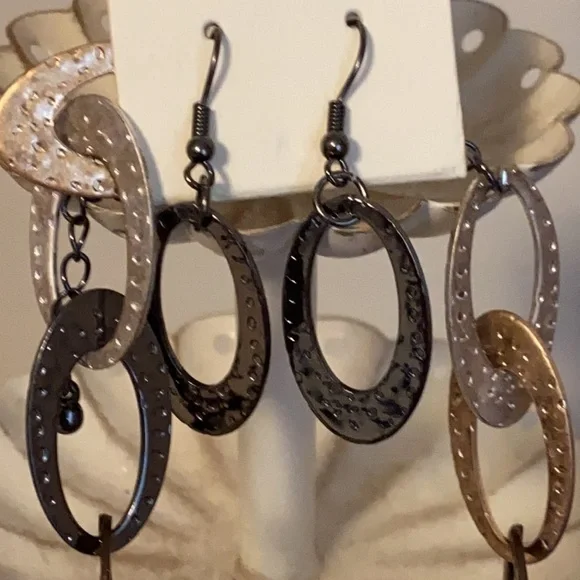 TriTone Textured Link Necklace & Earring Set Bronze Silver and Gold Tone New - Picture 3 of 6